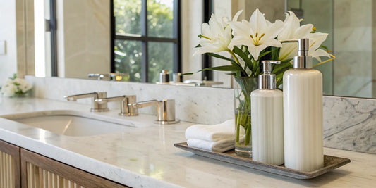 Best conditioners for hair loss on a bathroom counter.