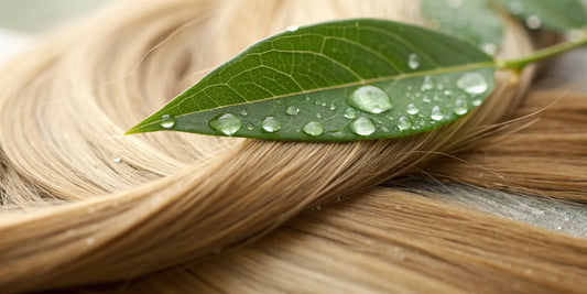 A green leaf with water droplets on healthy hair, a benefit of a clean haircare routine.