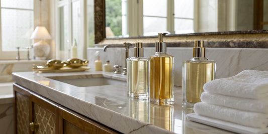 A selection of the best products for healthy hair growth displayed on a bathroom counter.