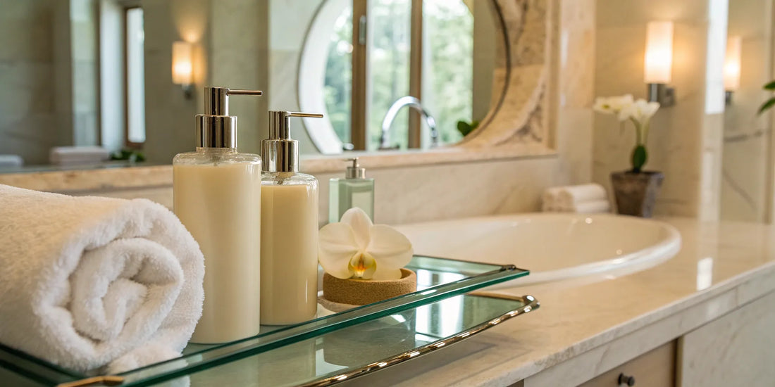 Best shampoo and conditioner for highlighted hair on a bathroom counter.
