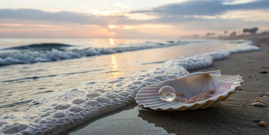 A pearl in a seashell on the sand, a source of marine collagen for healthy hair growth.