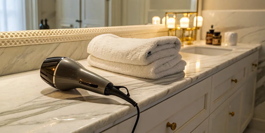 Sleek blowout tools: hair dryer, round brush, and towel on a marble counter.