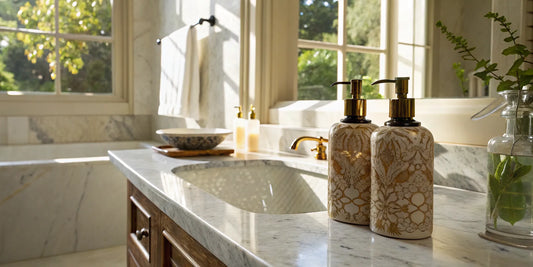 A collection of shampoos that are good for your hair displayed on a sunlit marble counter.