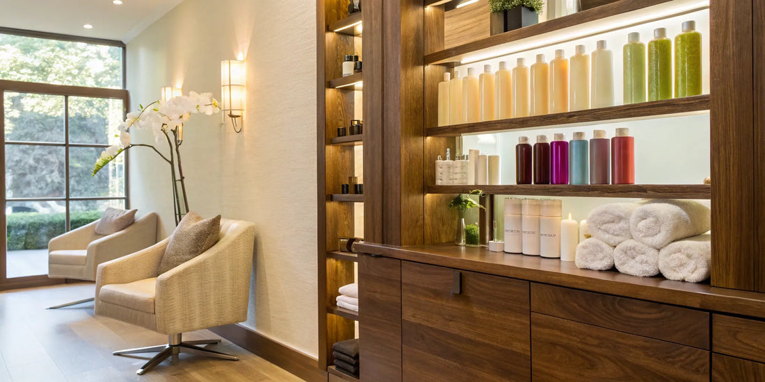 Salon shelves stocked with a list of the best hair care products.