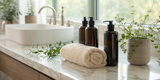 Bottles of natural shampoo and hair care products arranged with green plants.