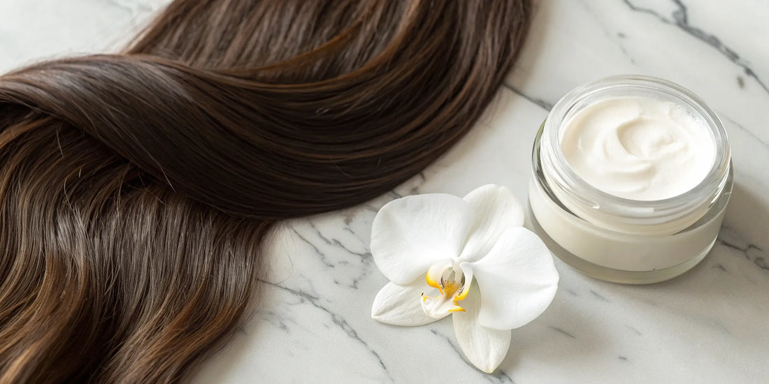 Hydrating finishing cream jar with orchid on marble.