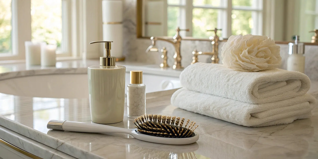 Blowout cream and a hairbrush on a counter, used for styling frizzy hair.