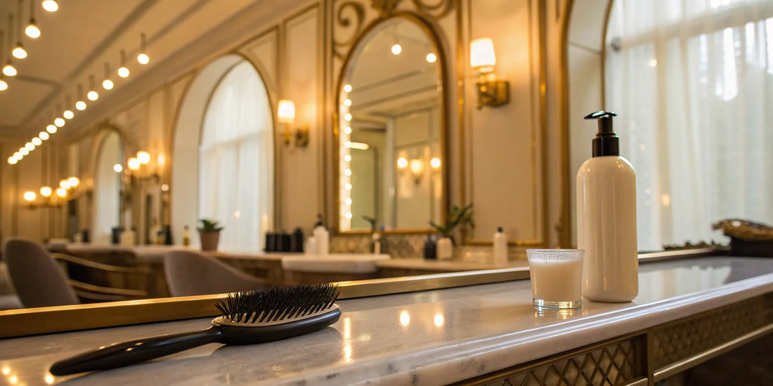 A bottle of blowout smoothing cream and a hairbrush on a counter, ready for a flawless blowout.