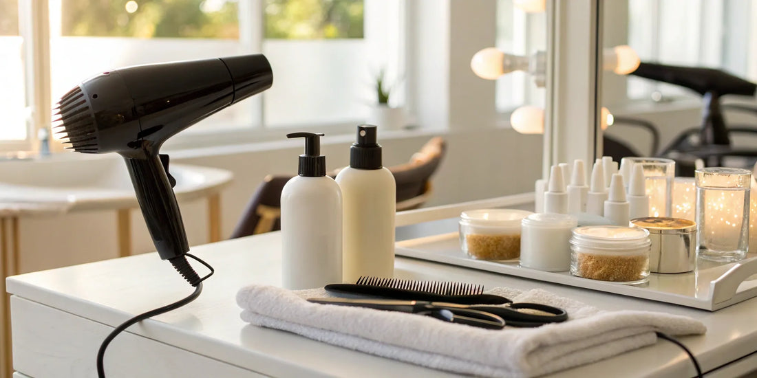 Hair stylist's blowout cream and tools on a salon counter for a professional finish.