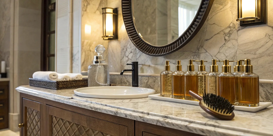 A bottle of hair smoothing balm and a brush on a counter, ready for a flawless blowout.