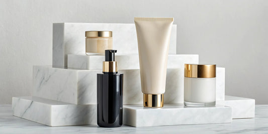Luxury hair finishing cream products with gold accents displayed on marble.