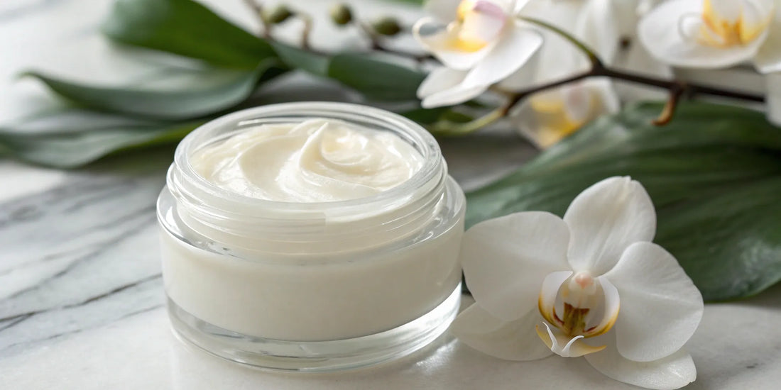 Best nourishing hair treatment cream in a glass jar with orchid flowers.
