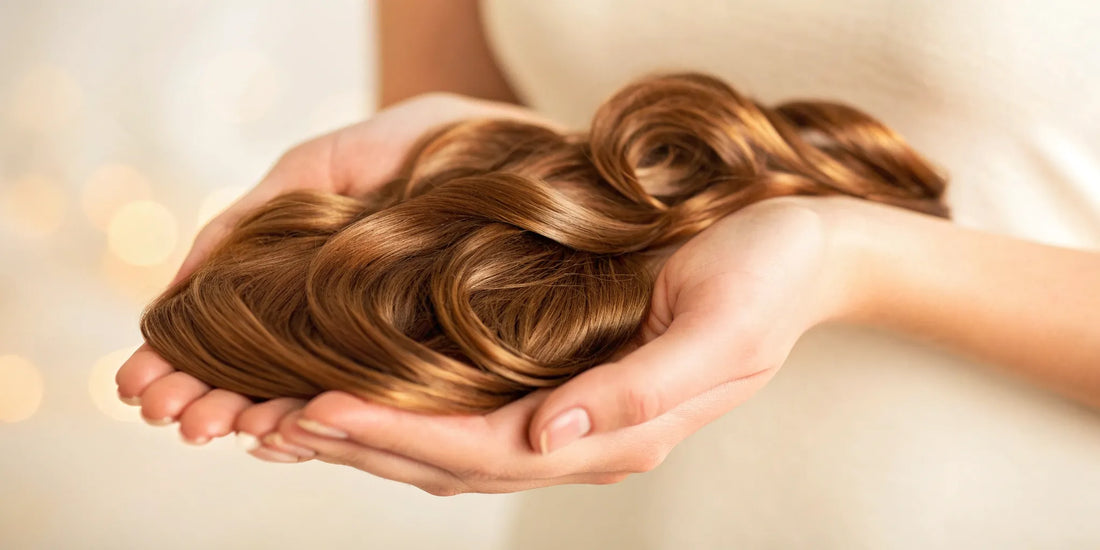 Hands holding shiny brown hair with curls that last, using the best styling products for straight hair.