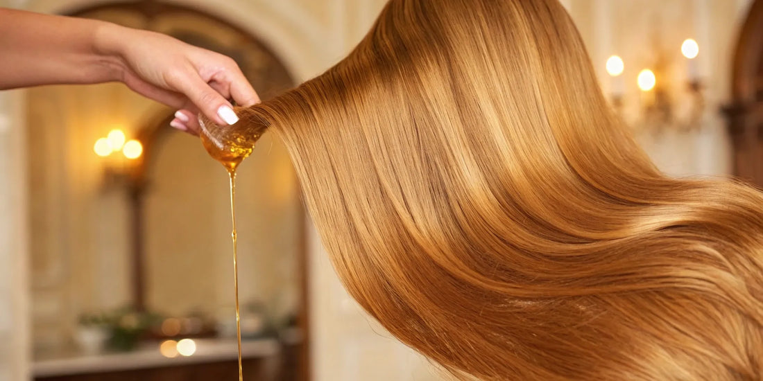 Applying argan oil hair cream to long, shiny hair for its many health benefits.