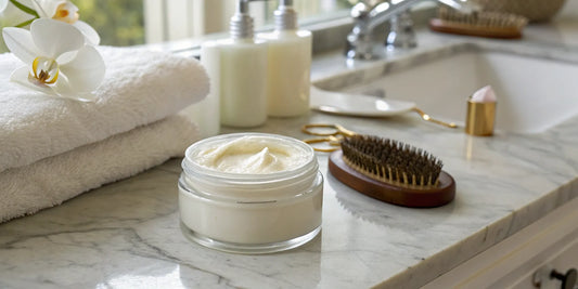 Best anti-frizz cream for humidity on a bathroom counter.