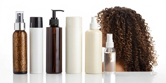 A woman with defined curls next to the best clean hair styling products.