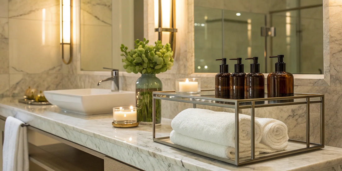 A curated selection of the best high performance hair products on a bathroom vanity.