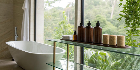 Glass shelves holding the best hair products for frizzy curly hair in humidity.