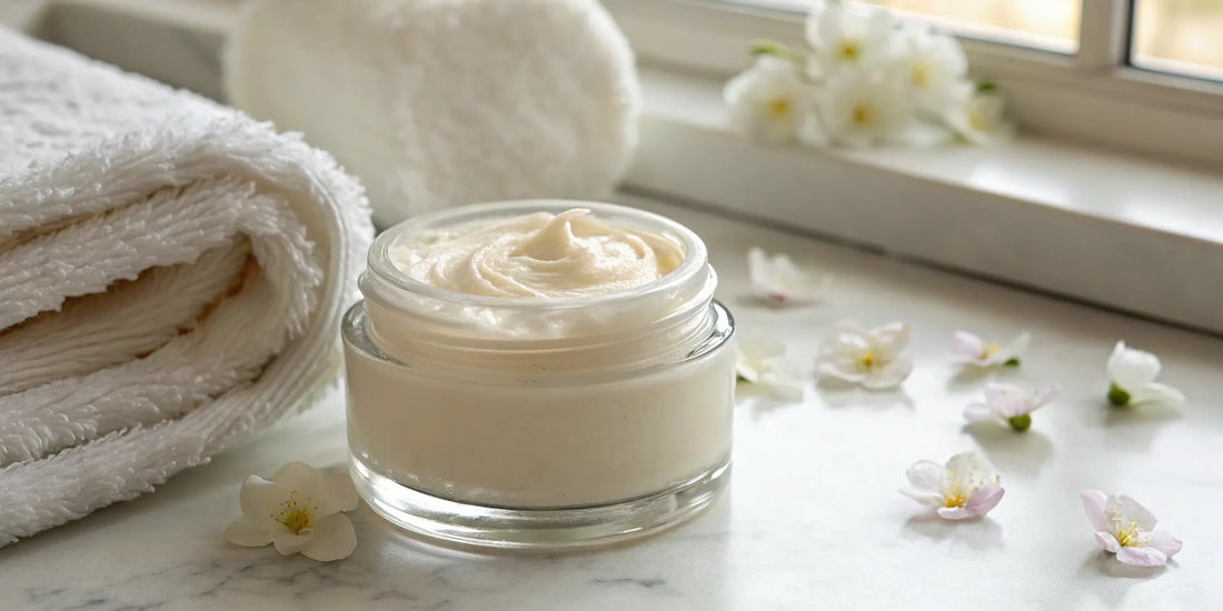 Best hair mask for frizzy damaged hair in a glass jar on a marble surface.