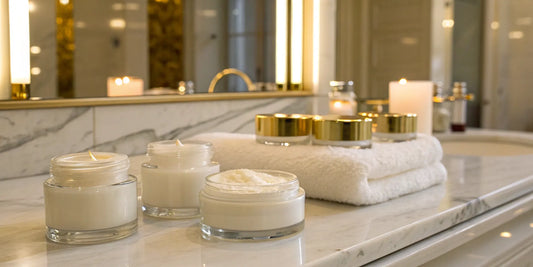 A collection of the best hydrating hair masks for dry hair on a marble counter.