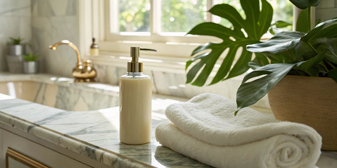 Bottle of leave-in hydrating hair cream on a marble counter with soft towels.