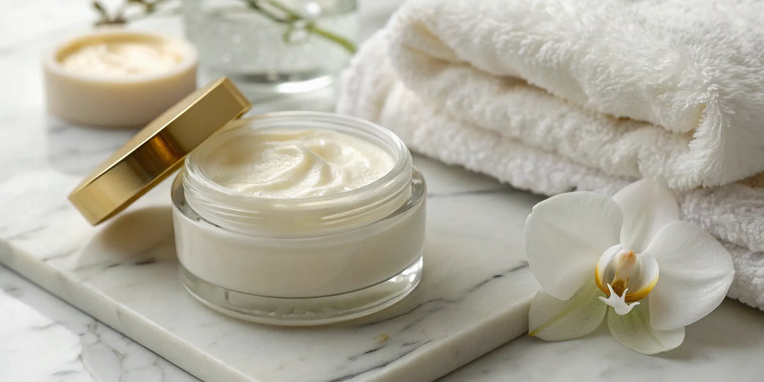 The best luxury cream for hair in a glass jar with a gold lid on a marble surface.
