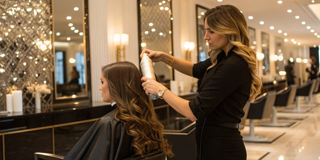 A stylist preps a client's hair with a salon-quality blowout cream before styling.