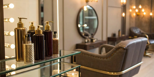 A collection of salon-recommended hair products displayed on a shelf in a modern salon.
