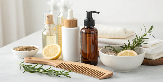 Clean ingredient hair styling products with natural oils, lemon, rosemary, and a wooden comb.