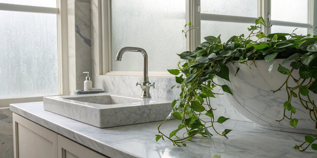 THREE Hair Care & Styling Lotion on a marble sink with a green plant.