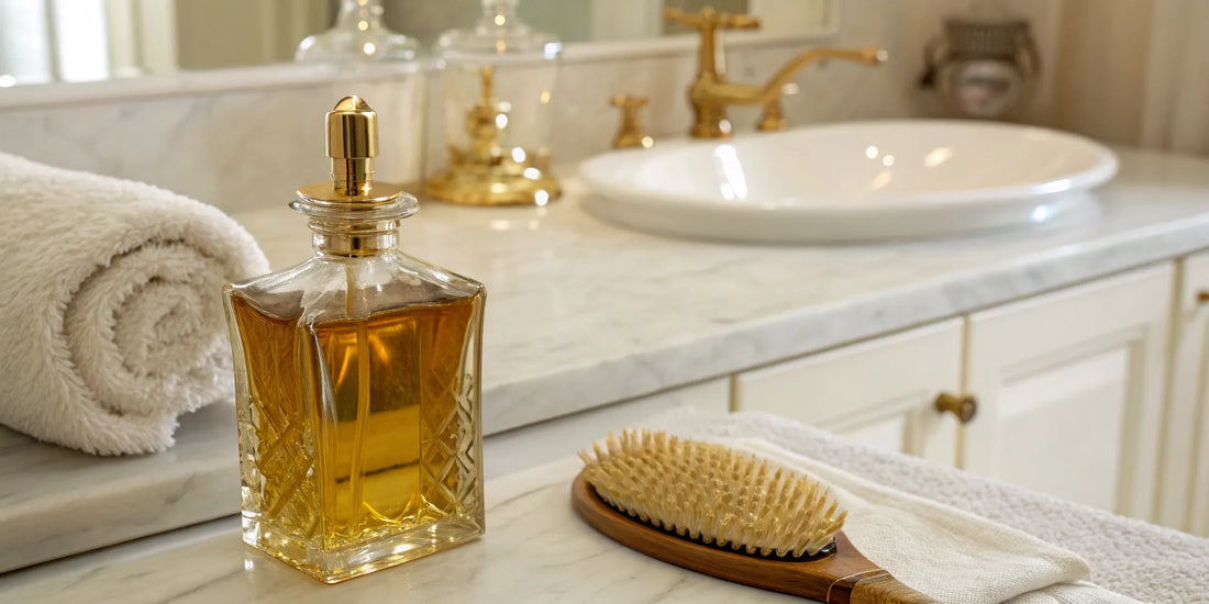 Argan oil hair cream and brush on a vanity.
