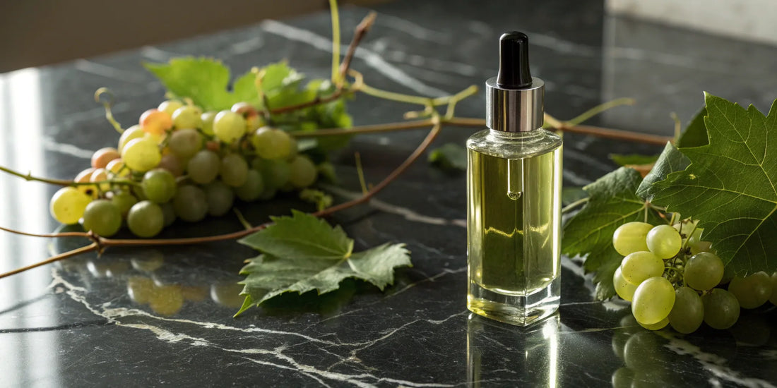A dropper bottle of grape seed oil with fresh grapes, showcasing the benefits for hair health.