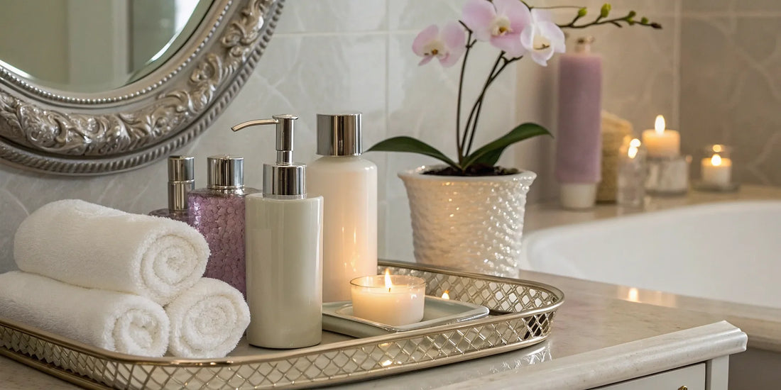 Leave-in hair cream, bottles, and towels on a bathroom counter.