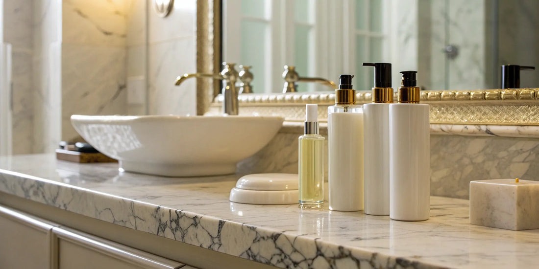 Hair care sets arranged on a bathroom countertop.