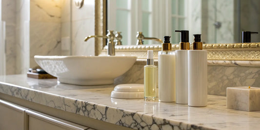 Hair care sets arranged on a bathroom countertop.