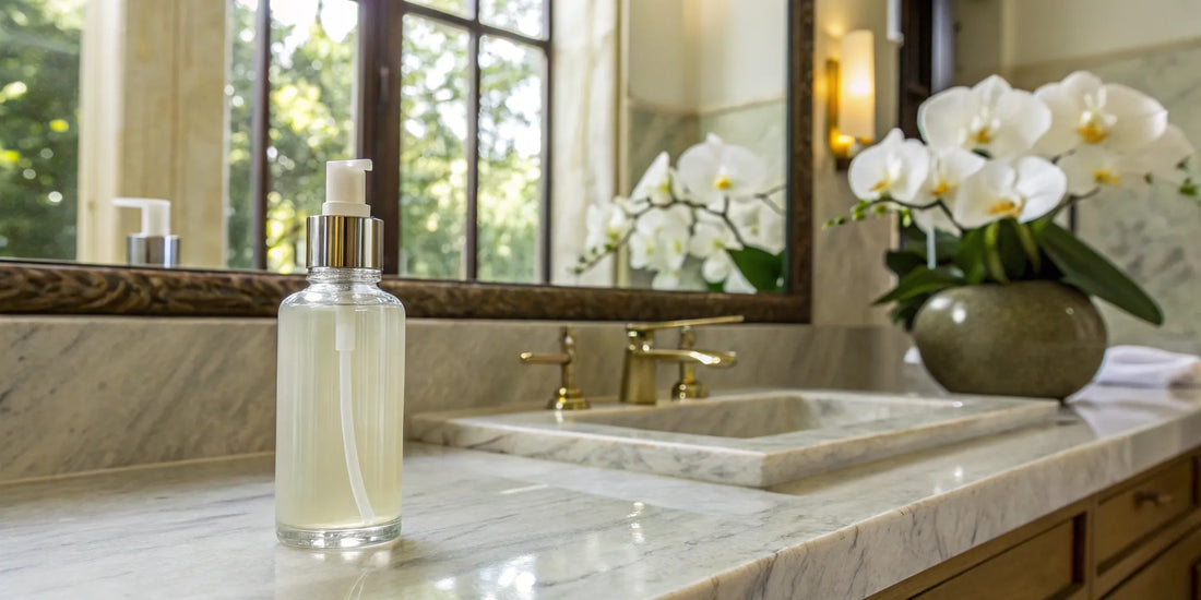 Hydrating leave-in conditioner in a glass bottle on a bathroom counter.