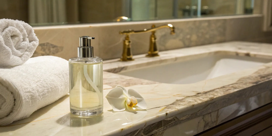 The best shampoo to get shiny hair in a glass bottle on a luxury bathroom counter.