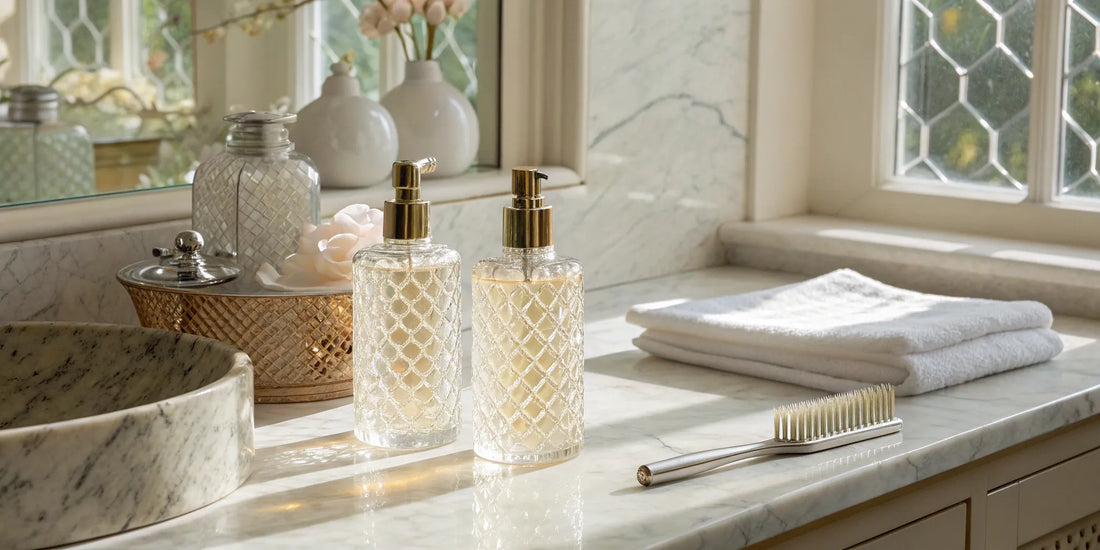 Bathroom products on a counter, a prompt to consider collagen for hair side effects.