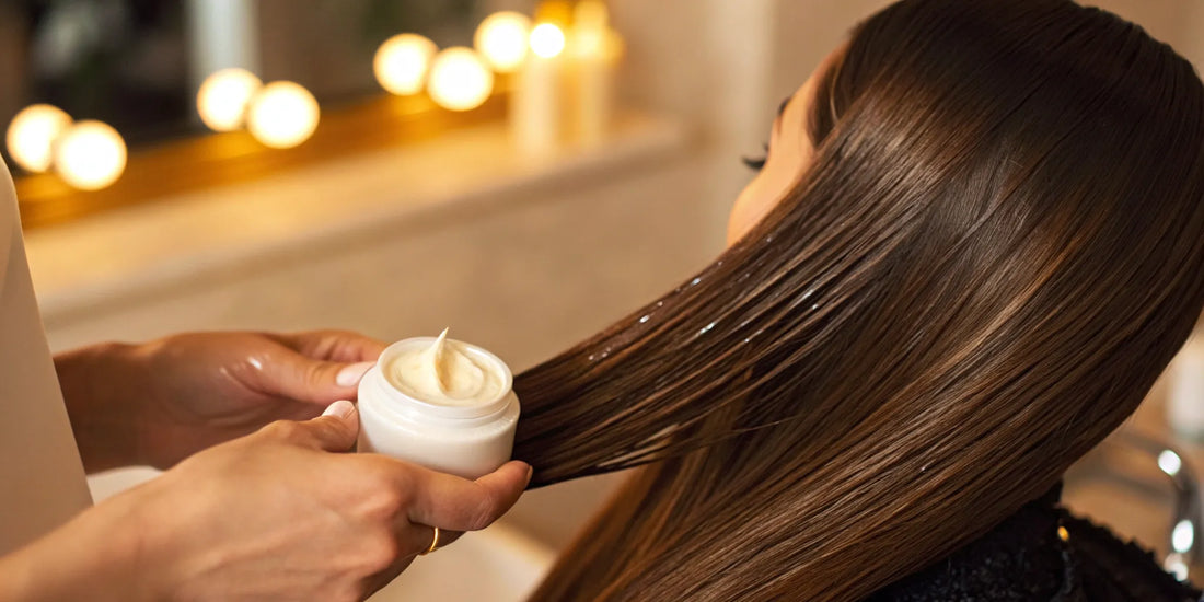 Applying blowout cream to hair to protect it from heat styling damage.