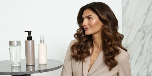 Woman with shiny, hydrated hair next to a hydrating finishing cream.