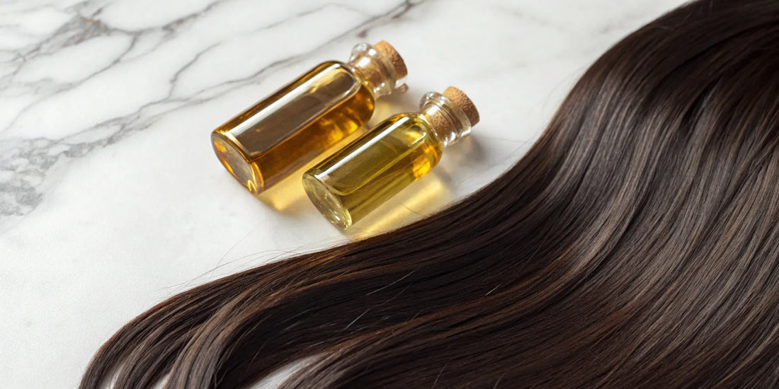 A bottle of grapeseed oil for daily hair care next to a lock of smooth, shiny hair.