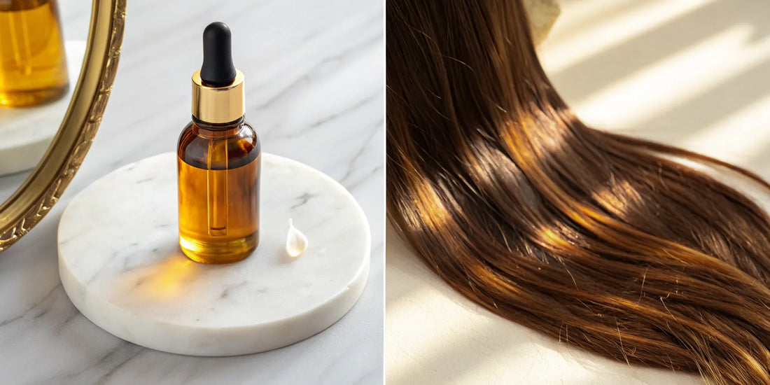 A bottle of hair oil and a bottle of hair serum with a strand of smooth, shiny hair.