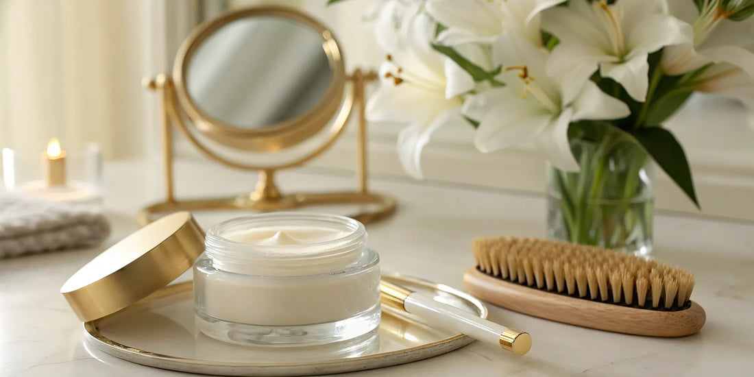 Hair strengthening cream jar with a brush on a vanity for a healthy, strong hair care routine.