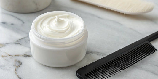 One step styling cream for hair in a white jar, placed next to a black styling comb.