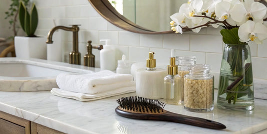 Permanent hair strengthening cream, bottles, and hairbrush on bathroom counter.