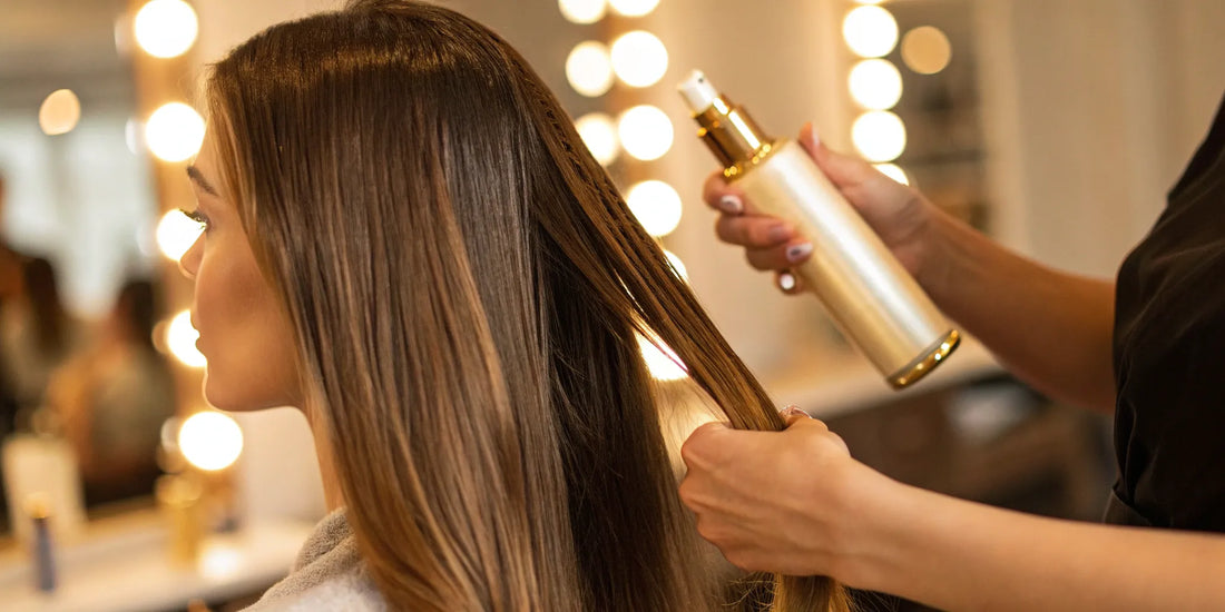 Applying a smoothing blowout cream to long hair for a sleek, frizz-free finish.