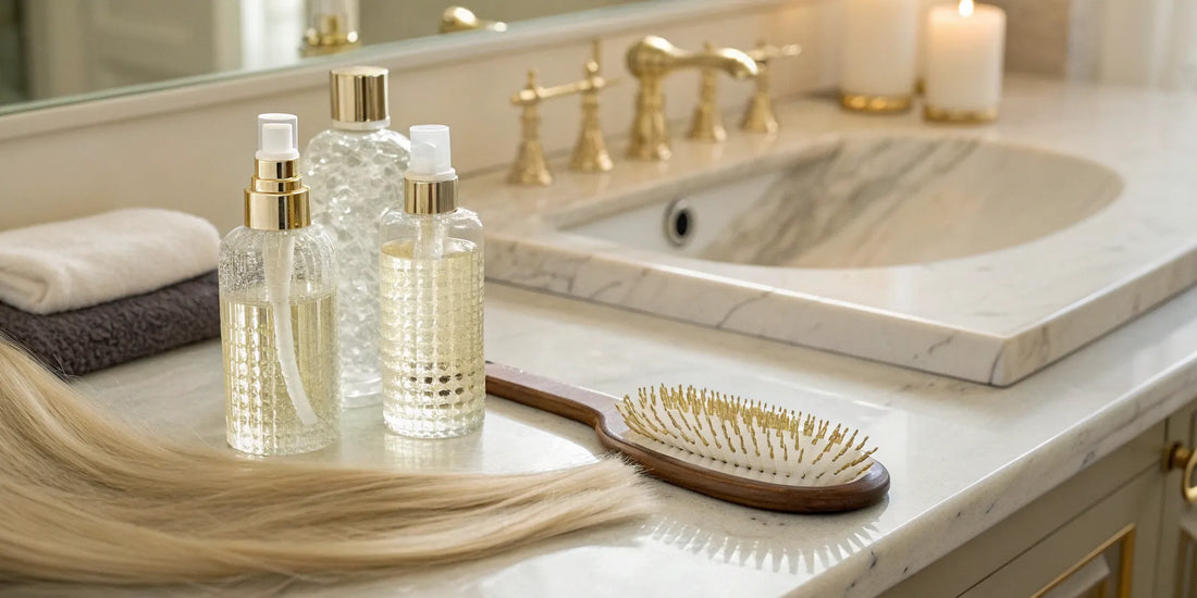A collection of salon quality haircare products and tools for an at-home professional routine.