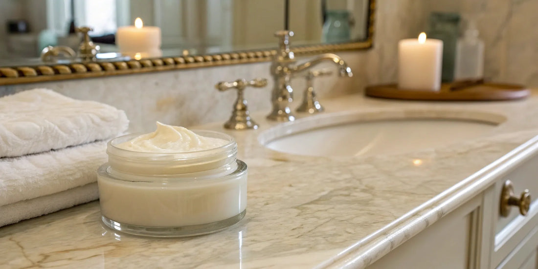 A jar of biotin and collagen hydrating hair mask on a bathroom counter.