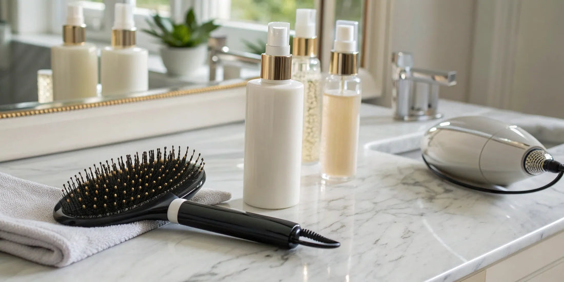 A bottle of blowout cream for thermal protection with a hairbrush and blow dryer.