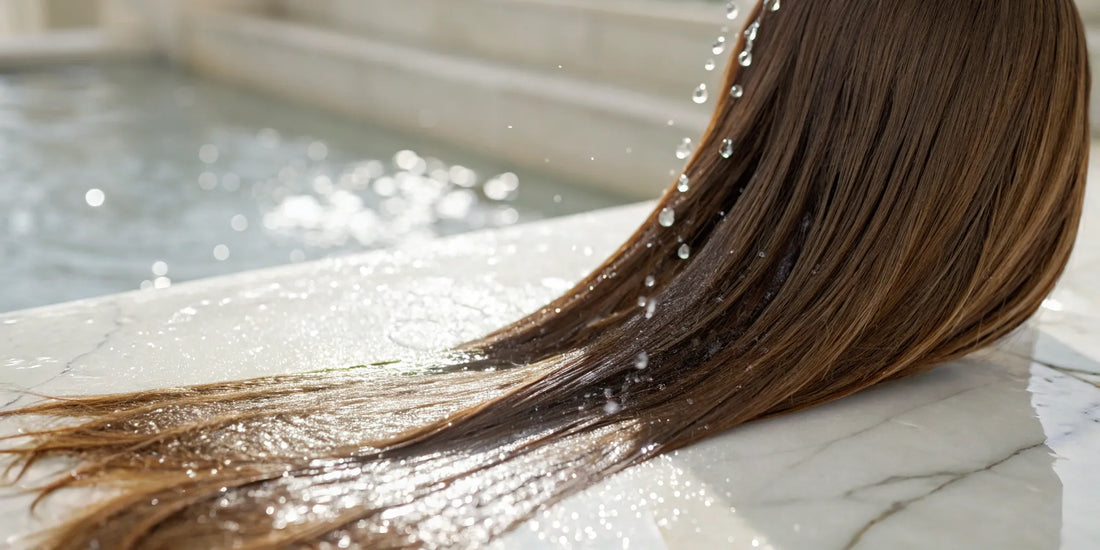 Wet, healthy hair repaired by a hydrolyzed collagen hair product.